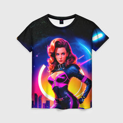 Девушка в неоновом комбинезоне на фоне ночного города – Женская футболка 3D с принтом купить со скидкой в -26%