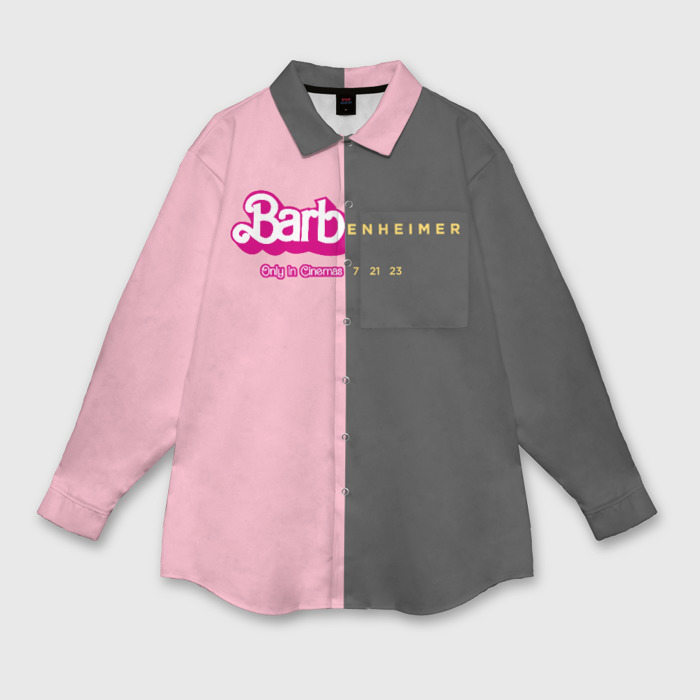 Женская рубашка оверсайз с принтом Barbenheimer Split, вид спереди №1