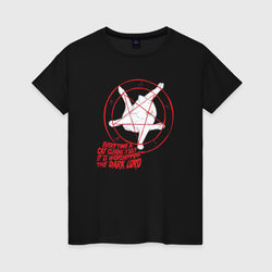 Кошачья пентаграмма прикол - worshipping the Dark Lord – Женская футболка хлопок с принтом купить со скидкой в -20%