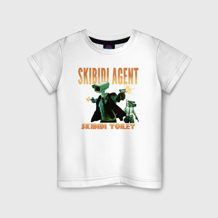 Детская футболка из хлопка с принтом Skibidi toilet agent, вид спереди №1