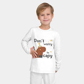 Пижама с принтом Будь счастливым — как капибара для ребенка, вид на модели спереди №2. Цвет основы: белый