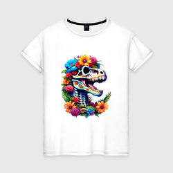 Череп тираннозавра с яркими цветами, мексиканский стиль – Женская футболка хлопок с принтом купить со скидкой в -20%