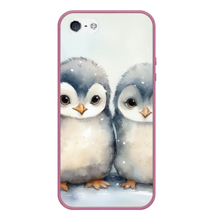 Чехол для iPhone 5/5S матовый с принтом Милые пингвины акварель, вид спереди №1