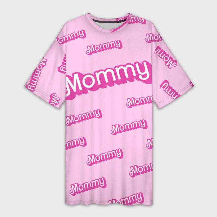 Платье-футболка с принтом Мамочка в стиле барби — паттерн розовый, вид спереди №1