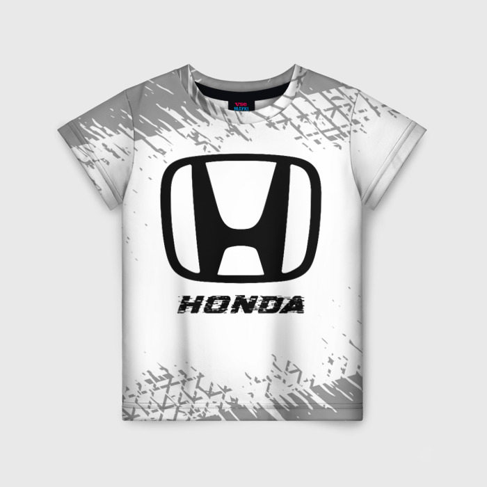 Детская футболка с принтом Honda speed на светлом фоне со следами шин, вид спереди №1