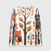 Лонгслив с принтом Совы в осеннем лесу в стиле фолк-арт для женщины, вид сзади №1. Цвет основы: белый