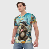 Футболка с принтом Россия медведь водка балалайка для мужчины, вид на модели спереди №2. Цвет основы: белый