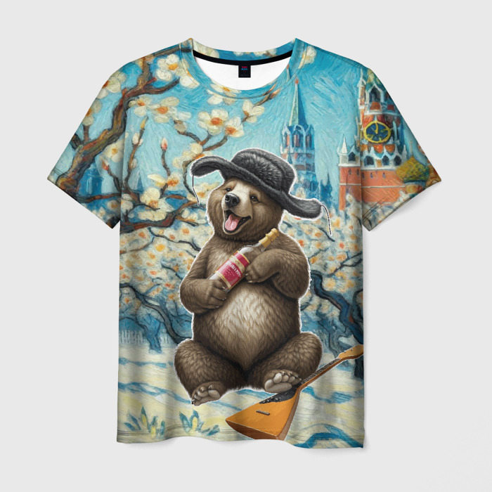 Мужская футболка с принтом Россия медведь водка балалайка, вид спереди №1