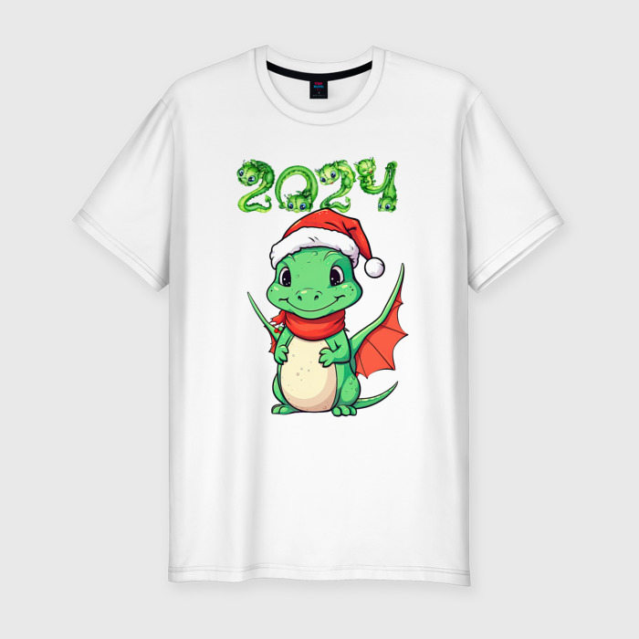 Мужская приталенная футболка из хлопка с принтом Милый дракончик 2024, вид спереди №1