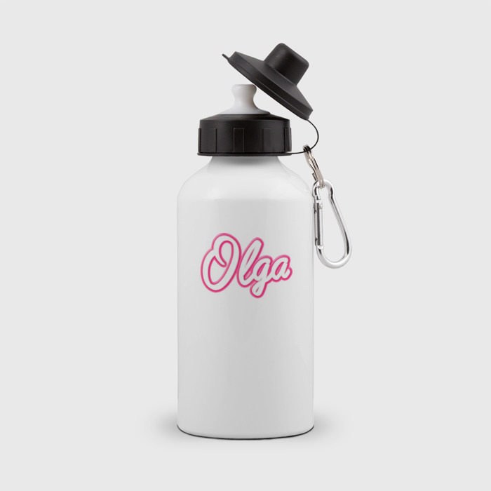 Бутылка спортивная с принтом Ольга в стиле Барби — объемный шрфит, вид спереди №1