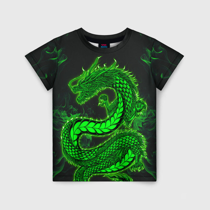 Детская футболка с принтом Зеленый дракон с эффектом свечения, вид спереди №1