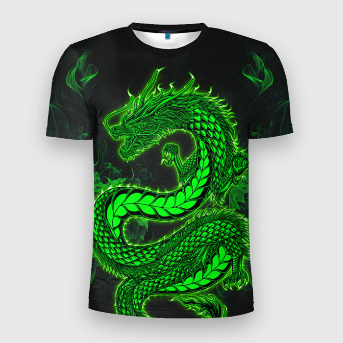 Мужская приталенная футболка с принтом Зеленый дракон с эффектом свечения, вид спереди №1