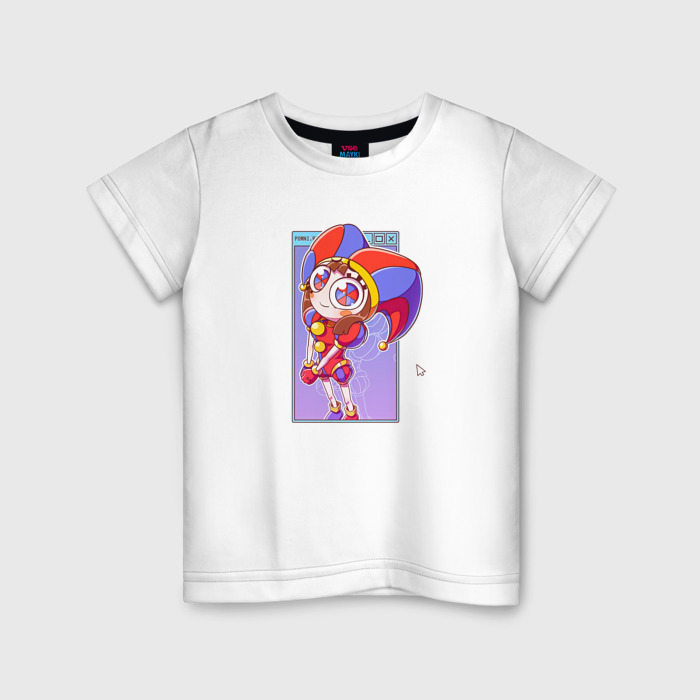 Детская футболка из хлопка с принтом Pomni from the Amazing Digital Circus in the window, вид спереди №1