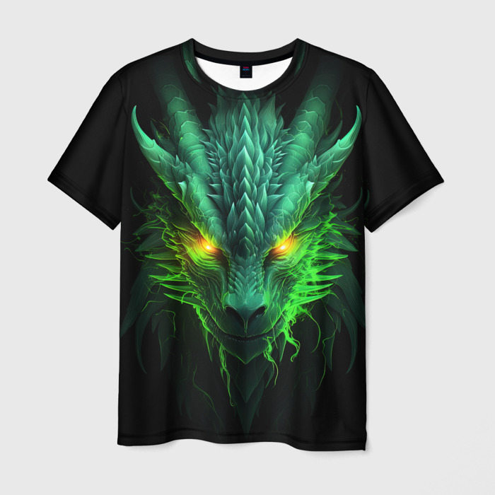 Мужская футболка с принтом Светящийся зеленый дракон 2024, вид спереди №1