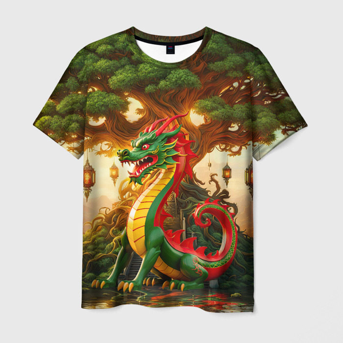 Мужская футболка с принтом Древесный зеленый дракон, вид спереди №1