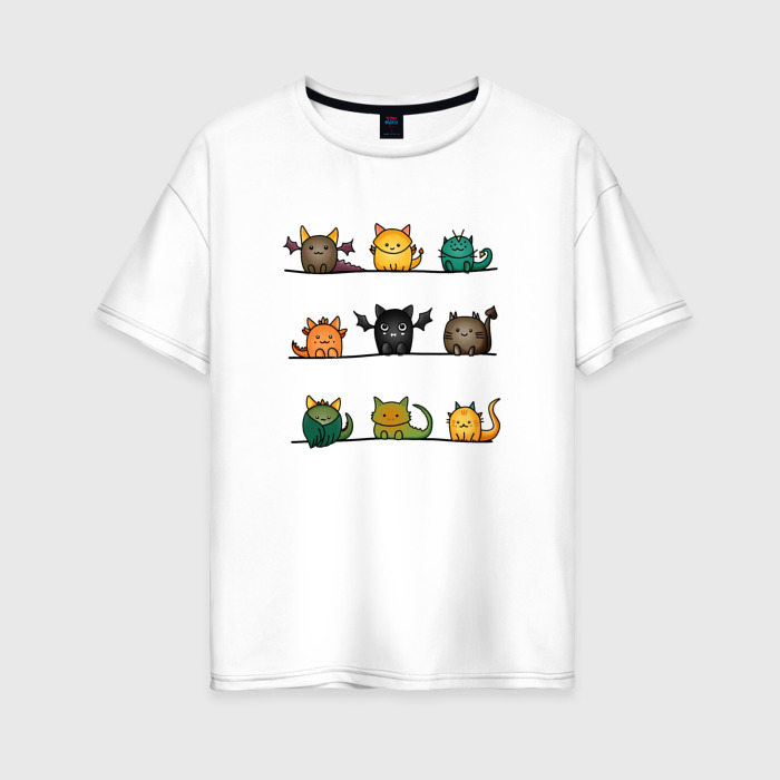Женская футболка из хлопка оверсайз с принтом Кошки дракошки, вид спереди №1