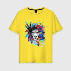Лев в цветах и перьях – Женская футболка хлопок Oversize с принтом купить со скидкой в -16%