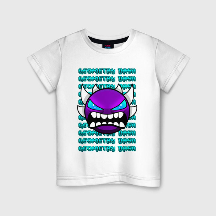 Детская футболка из хлопка с принтом Geometry Dash фиолетовый демон геометрия, вид спереди №1