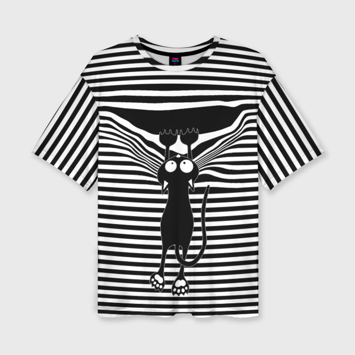 Женская футболка Oversize с принтом Кот рвет тельняшку, вид спереди №1