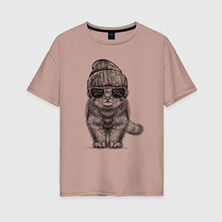 Котенок манул хипстер – Женская футболка хлопок Oversize с принтом купить со скидкой в -16%