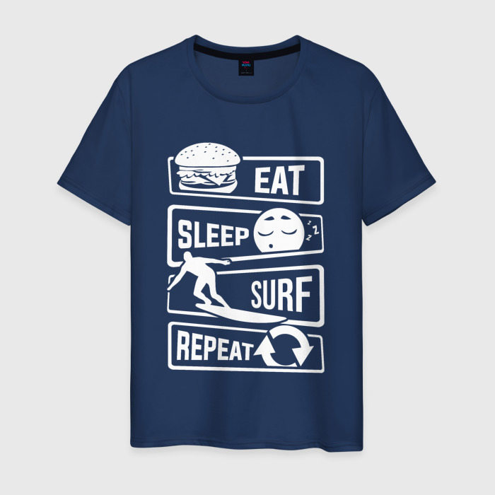 Мужская футболка из хлопка с принтом Еда сон серфинг, вид спереди №1
