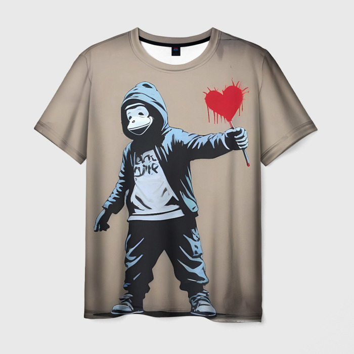 Мужская футболка с принтом Обезьяна держит в руках сердце граффити, вид спереди №1