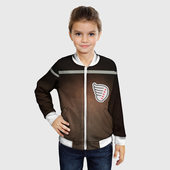 Бомбер с принтом Куртка Турбо из Слово пацана с кленовым листом для ребенка, вид на модели спереди №2. Цвет основы: белый