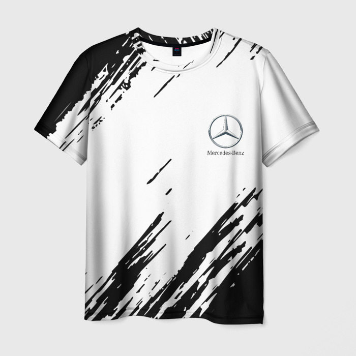 Мужская футболка с принтом Mercedes benz чернобелые краски, вид спереди №1