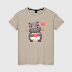 Милый бегемотик с сердечками – Женская футболка хлопок с принтом купить со скидкой в -20%