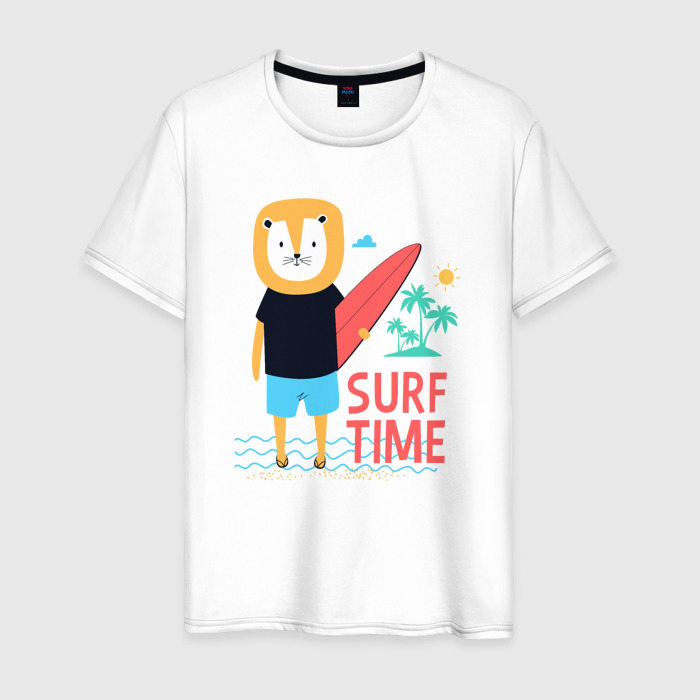 Мужская футболка из хлопка с принтом Время серфинга, вид спереди №1