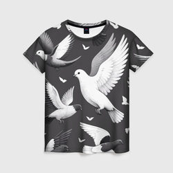 Белые сизые голуби летящие в небе – Женская футболка 3D с принтом купить со скидкой в -26%