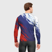 Рашгард с принтом Россия Sport брызги красок триколор для мужчины, вид на модели сзади №2. Цвет основы: белый