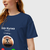 Футболка с принтом Bobr kurwa is calling для женщины, вид на модели спереди №2. Цвет основы: темно-синий