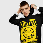 Толстовка с принтом Nirvana — смайлик для мужчины, вид на модели спереди №3. Цвет основы: белый