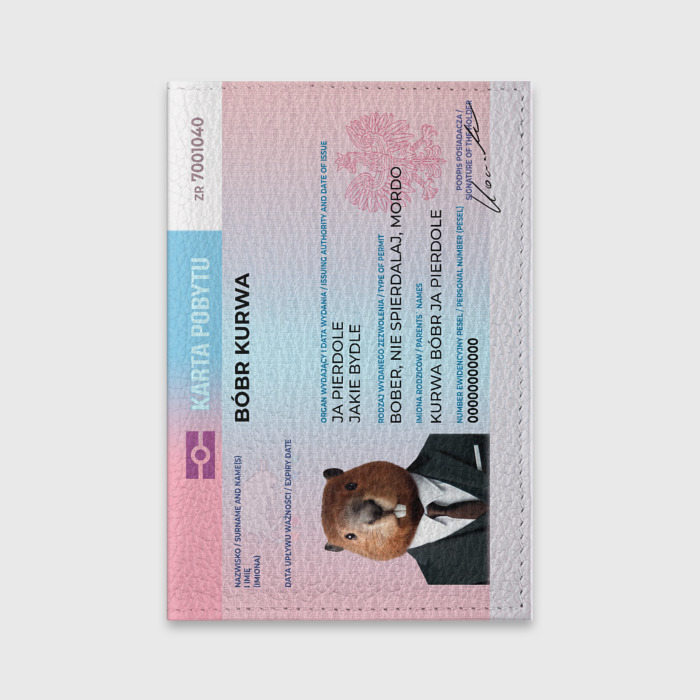 Обложка для паспорта матовая кожа с принтом Bobr kurwa karta pobytu, вид спереди №1