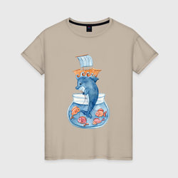 Дельфин с морскими рыбками – Женская футболка хлопок с принтом купить со скидкой в -20%