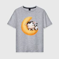 Спящий бычок на месяце – Женская футболка хлопок Oversize с принтом купить со скидкой в -16%