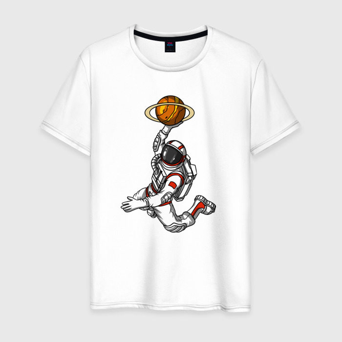 Мужская футболка из хлопка с принтом Космический баскетболист, вид спереди №1
