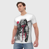 Футболка с принтом Тигр воин — Самурай с катаной на спине для мужчины, вид на модели спереди №2. Цвет основы: белый