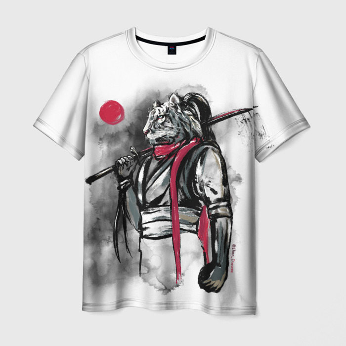 Мужская футболка с принтом Тигр воин — Самурай с катаной на спине, вид спереди №1