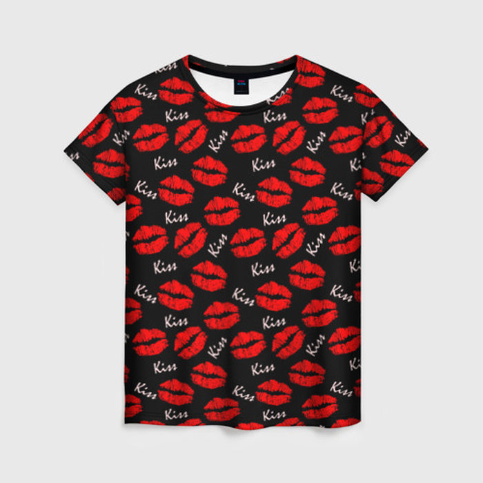 Женская футболка с принтом Kiss (поцелуи), вид спереди №1