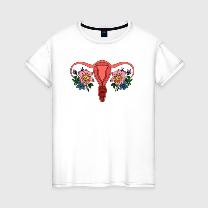 Женская футболка из хлопка с принтом Матка — цветы, вид спереди №1