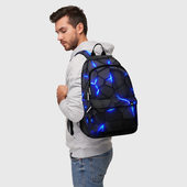 Рюкзак с принтом Cyberpunk 2077: броня синяя сталь для любого человека, вид спереди №2. Цвет основы: белый