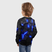 Лонгслив с принтом Cyberpunk 2077: броня синяя сталь для ребенка, вид на модели сзади №2. Цвет основы: белый