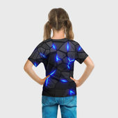 Футболка с принтом Cyberpunk 2077: броня синяя сталь для ребенка, вид на модели сзади №3. Цвет основы: белый
