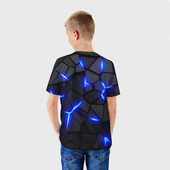 Футболка с принтом Cyberpunk 2077: броня синяя сталь для ребенка, вид на модели сзади №2. Цвет основы: белый