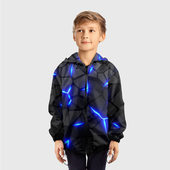 Ветровка с принтом Cyberpunk 2077: броня синяя сталь для ребенка, вид на модели спереди №2. Цвет основы: черный