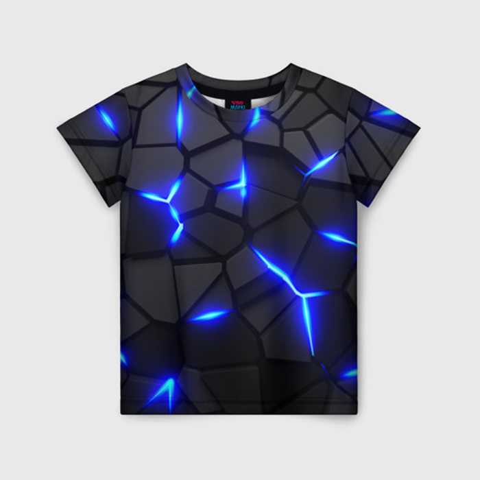 Детская футболка с принтом Cyberpunk 2077: броня синяя сталь, вид спереди №1