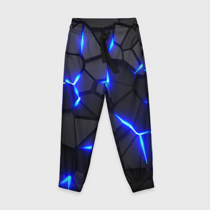 Детские брюки с принтом Cyberpunk 2077: броня синяя сталь, вид спереди №1