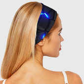 Повязка с принтом Cyberpunk 2077: броня синяя сталь для женщины, вид на модели спереди №3. Цвет основы: белый